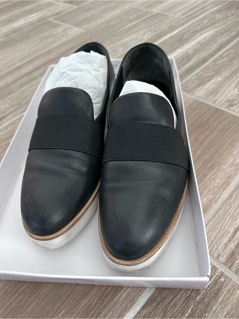 Via Spiga Black Leather Slip-On Platform Loafers with White Sole